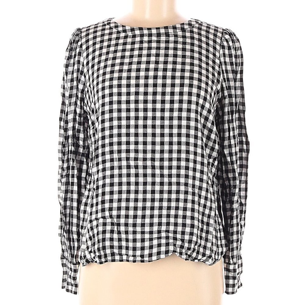 Loft Women's Size XS Blouse Long Puff Sleeve Black White Gingham Crewneck 552579